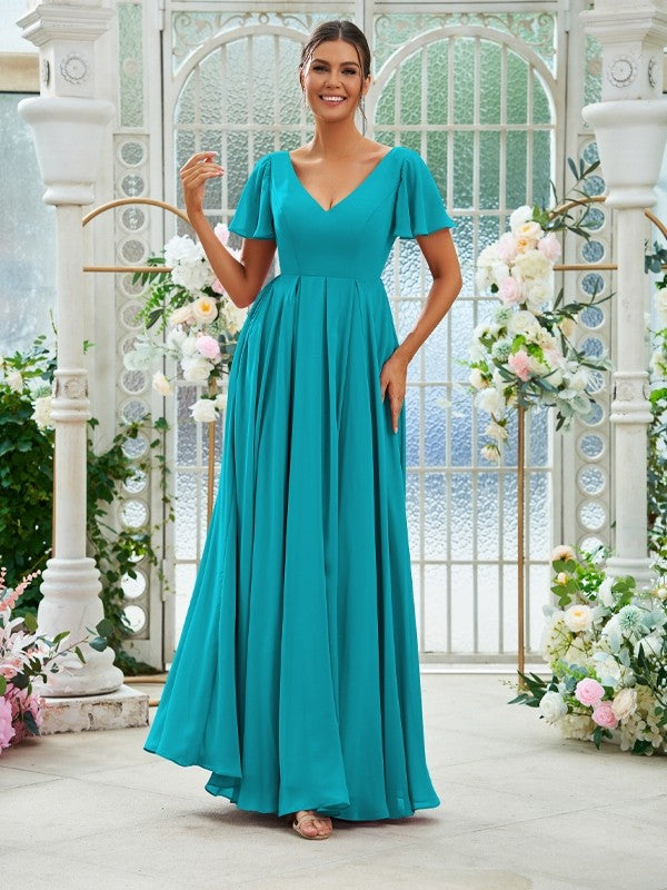 A-Line/Princess Chiffon Ruffles V-neck Short Sleeves Floor-Length Bridesmaid Dresses Evening Prom Dress