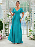 A-Line/Princess Chiffon Ruffles V-neck Short Sleeves Floor-Length Bridesmaid Dresses Evening Prom Dress