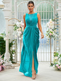 Sheath/Column Chiffon Ruched Scoop Sleeveless Floor-Length Bridesmaid Dresses Evening Dress