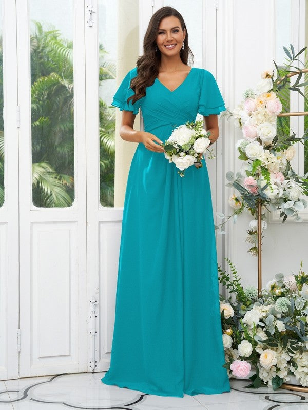 A-Line/Princess Chiffon Ruffles V-neck Short Sleeves Floor-Length Bridesmaid Dresses Evening Dress