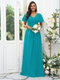 A-Line/Princess Chiffon Ruffles V-neck Short Sleeves Floor-Length Bridesmaid Dresses Evening Dress