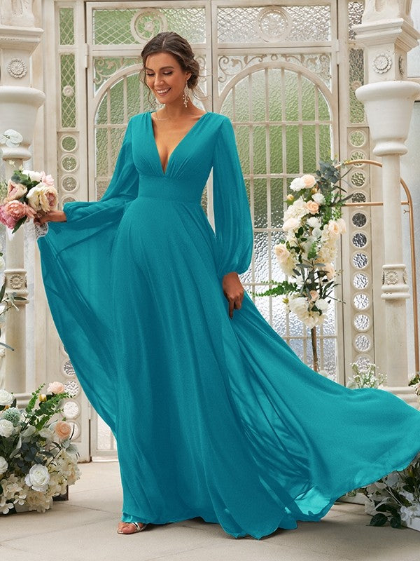 Vestido de dama de honor de corte A/princesa, de gasa, con volantes, escote en V, mangas largas y cola larga, vestido para madre de la novia