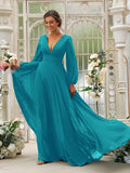 Vestido de dama de honor de corte A/princesa, de gasa, con volantes, escote en V, mangas largas y cola larga, vestido para madre de la novia
