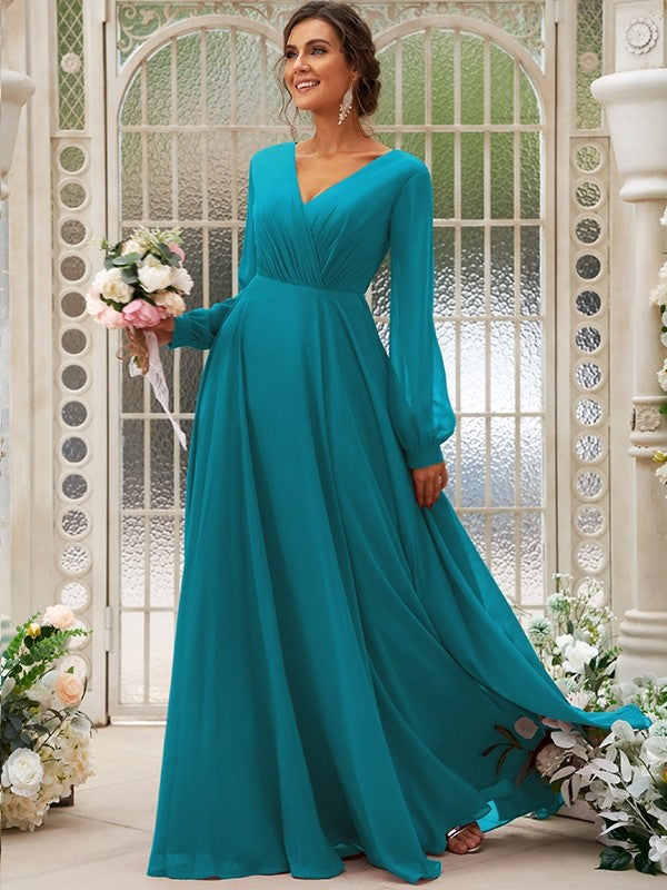 A-Line/Princess Chiffon Ruched V-neck Long Sleeves Floor-Length Bridesmaid Dresses Mother of the Bride Dress