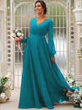 A-Line/Princess Chiffon Ruched V-neck Long Sleeves Floor-Length Bridesmaid Dresses Mother of the Bride Dress