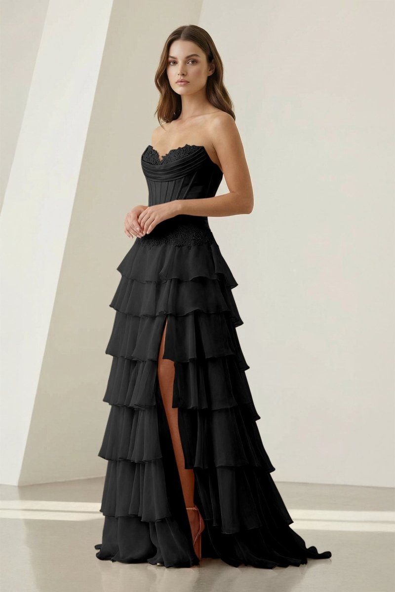 Pink Sweetheart Chiffon Ruffled A Line Formal Prom Dresses With Appliques