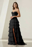 Pink Sweetheart Chiffon Ruffled A Line Formal Prom Dresses With Appliques