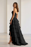 Pink Sweetheart Chiffon Ruffled A Line Formal Prom Dresses With Appliques