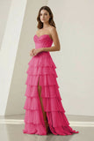 Pink Sweetheart Chiffon Ruffled A Line Formal Prom Dresses With Appliques