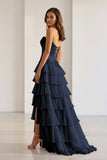 Pink Sweetheart Chiffon Ruffled A Line Formal Prom Dresses With Appliques