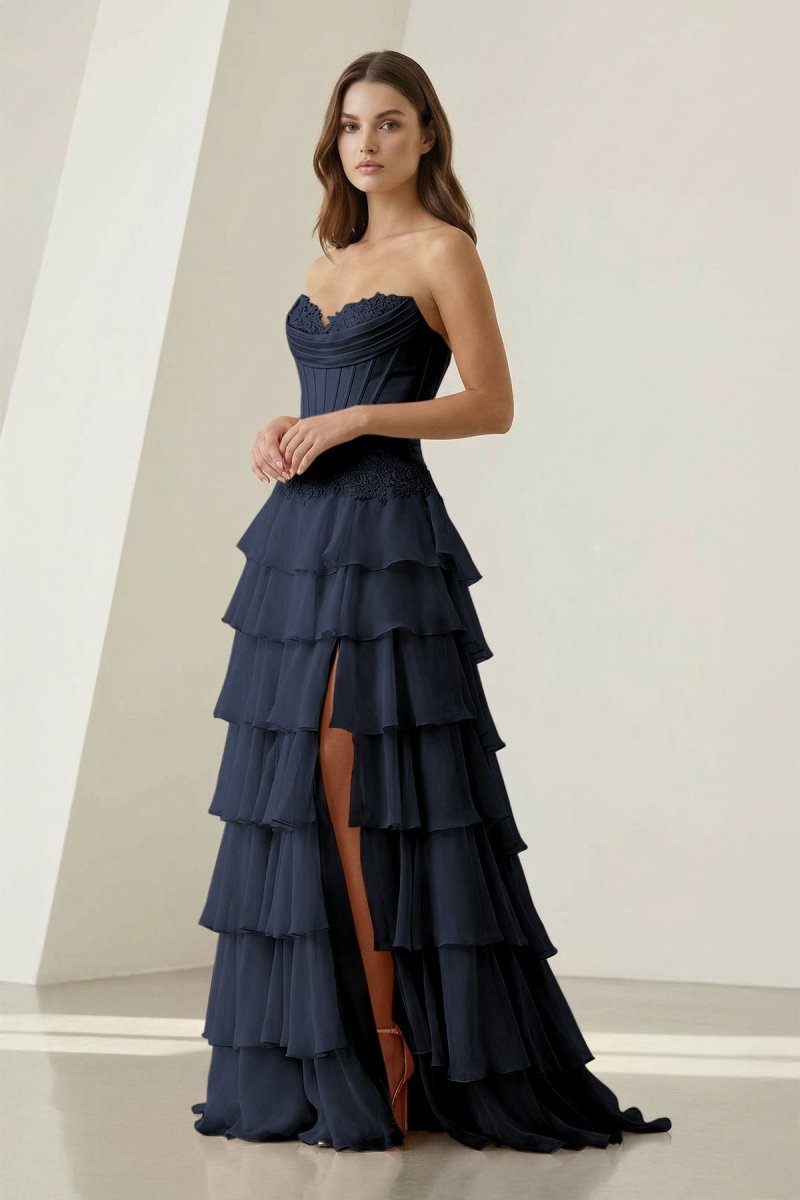 Pink Sweetheart Chiffon Ruffled A Line Formal Prom Dresses With Appliques