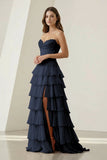 Pink Sweetheart Chiffon Ruffled A Line Formal Prom Dresses With Appliques