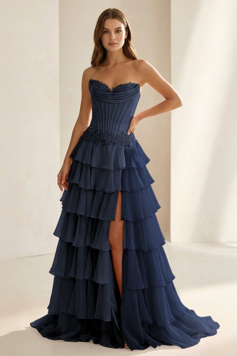 Pink Sweetheart Chiffon Ruffled A Line Formal Prom Dresses With Appliques