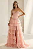 Pink Sweetheart Chiffon Ruffled A Line Formal Prom Dresses With Appliques