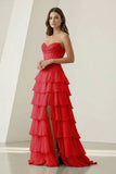 Pink Sweetheart Chiffon Ruffled A Line Formal Prom Dresses With Appliques