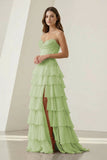 Pink Sweetheart Chiffon Ruffled A Line Formal Prom Dresses With Appliques
