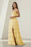 Pink Sweetheart Chiffon Ruffled A Line Formal Prom Dresses With Appliques