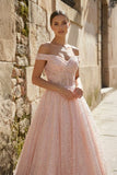 Sparkly Blush Pink Off-the-Shoulder Surplice Long Prom Dress