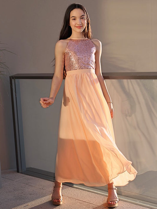 A-Line/Princess Chiffon Sequin Scoop Sleeveless Ankle-Length Junior/Girls Bridesmaid Dresses