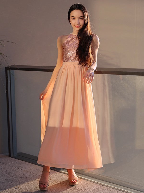 A-Line/Princess Chiffon Sequin Scoop Sleeveless Ankle-Length Junior/Girls Bridesmaid Dresses