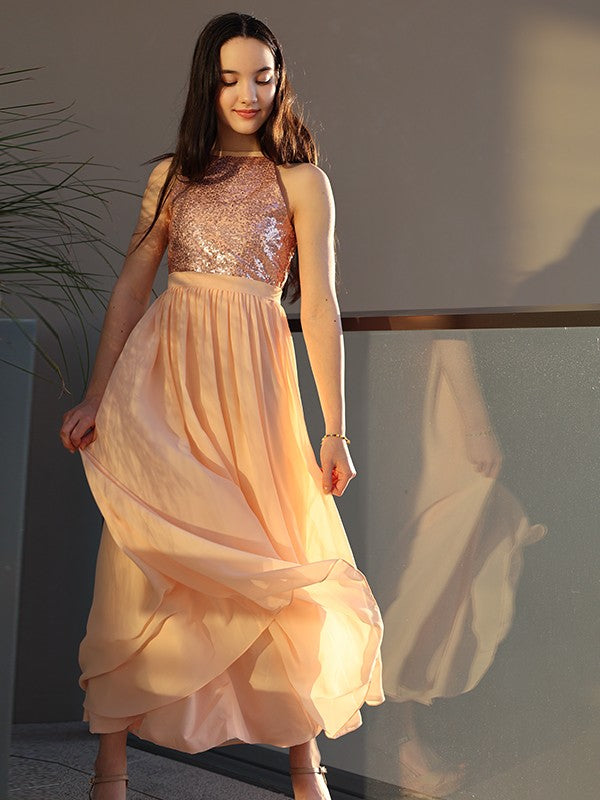 A-Line/Princess Chiffon Sequin Scoop Sleeveless Ankle-Length Junior/Girls Bridesmaid Dresses