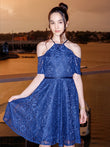 A-Line/Princess Lace Ruffles Halter Short Sleeves Knee-Length Junior/Girls Bridesmaid Dresses
