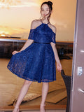 A-Line/Princess Lace Ruffles Halter Short Sleeves Knee-Length Junior/Girls Bridesmaid Dresses