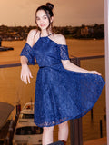 A-Line/Princess Lace Ruffles Halter Short Sleeves Knee-Length Junior/Girls Bridesmaid Dresses