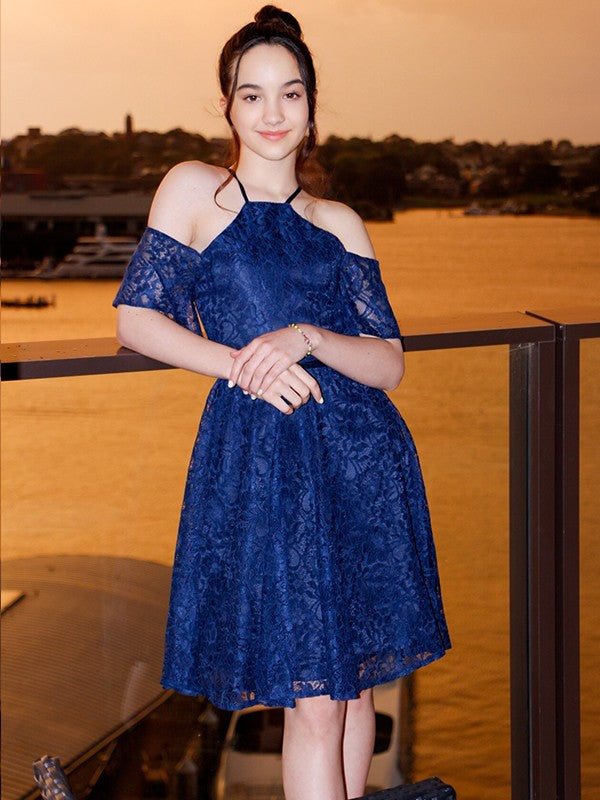 A-Line/Princess Lace Ruffles Halter Short Sleeves Knee-Length Junior/Girls Bridesmaid Dresses