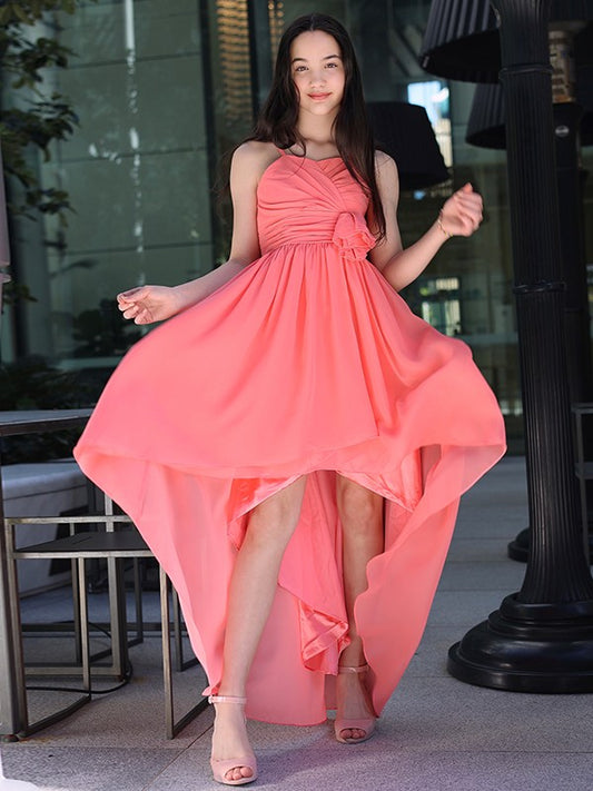 A-Line/Princess Chiffon Ruffles Spaghetti Straps Sleeveless Asymmetrical Junior/Girls Bridesmaid Dresses
