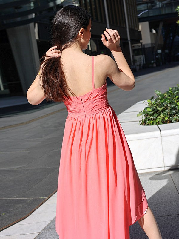 A-Line/Princess Chiffon Ruffles Spaghetti Straps Sleeveless Asymmetrical Junior/Girls Bridesmaid Dresses