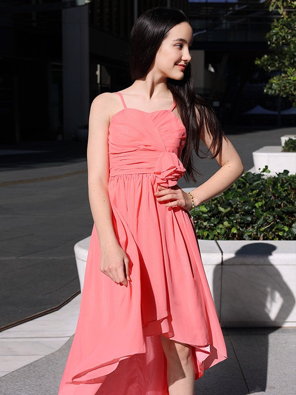 A-Line/Princess Chiffon Ruffles Spaghetti Straps Sleeveless Asymmetrical Junior/Girls Bridesmaid Dresses