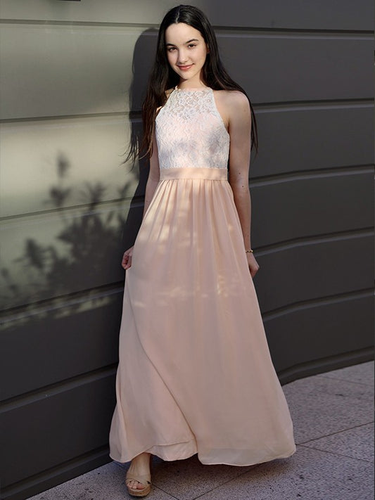 A-Line/Princess Chiffon Lace Halter Sleeveless Floor-Length Junior/Girls Bridesmaid Dresses