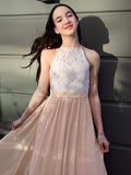 A-Line/Princess Chiffon Lace Halter Sleeveless Floor-Length Junior/Girls Bridesmaid Dresses