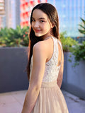 A-Line/Princess Chiffon Lace Halter Sleeveless Floor-Length Junior/Girls Bridesmaid Dresses