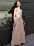 A-Line/Princess Chiffon Lace Halter Sleeveless Floor-Length Junior/Girls Bridesmaid Dresses