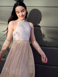 A-Line/Princess Chiffon Lace Halter Sleeveless Floor-Length Junior/Girls Bridesmaid Dresses