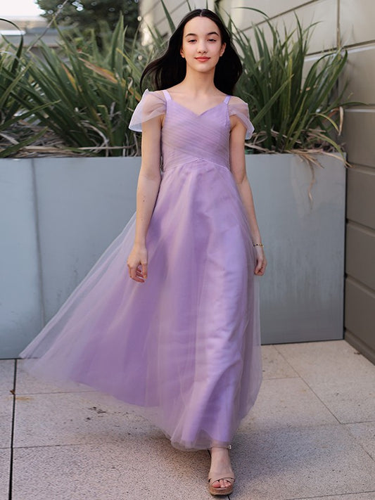 A-Line/Princess Tulle Ruched V-neck Short Sleeves Floor-Length Junior/Girls Bridesmaid Dresses