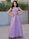 A-Line/Princess Tulle Ruched V-neck Short Sleeves Floor-Length Junior/Girls Bridesmaid Dresses