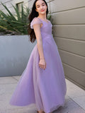 A-Line/Princess Tulle Ruched V-neck Short Sleeves Floor-Length Junior/Girls Bridesmaid Dresses