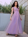 A-Line/Princess Tulle Ruched V-neck Short Sleeves Floor-Length Junior/Girls Bridesmaid Dresses