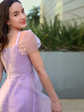 A-Line/Princess Tulle Ruched V-neck Short Sleeves Floor-Length Junior/Girls Bridesmaid Dresses