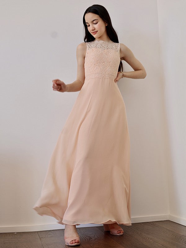 A-Line/Princess Chiffon Lace High Neck Sleeveless Floor-Length Junior/Girls Junior Bridesmaid Dresses
