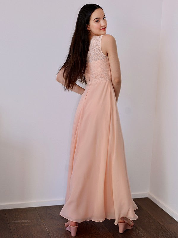 A-Line/Princess Chiffon Lace High Neck Sleeveless Floor-Length Junior/Girls Junior Bridesmaid Dresses