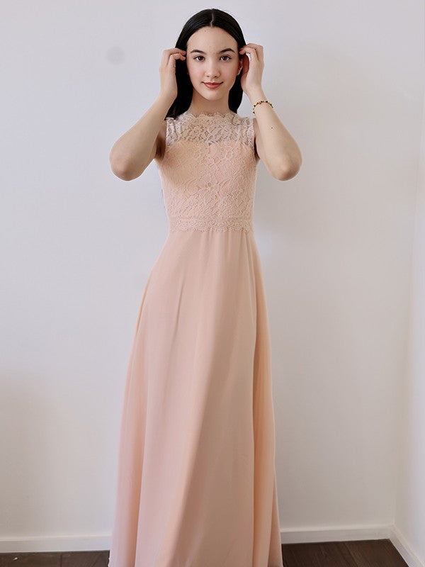 A-Line/Princess Chiffon Lace High Neck Sleeveless Floor-Length Junior/Girls Junior Bridesmaid Dresses