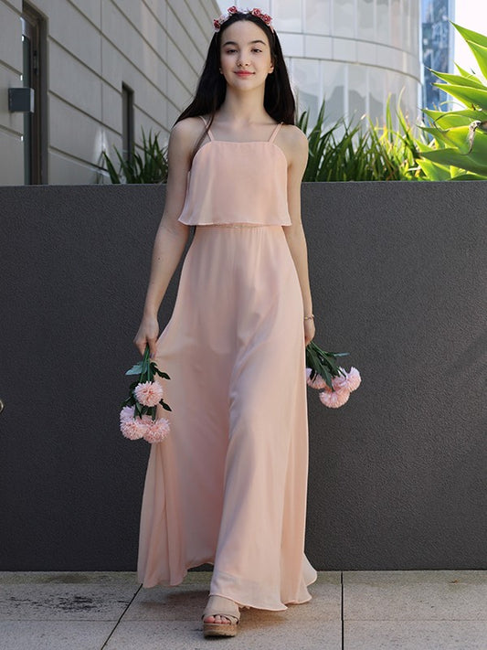 A-Line/Princess Chiffon Ruffles Spaghetti Straps Sleeveless Floor-Length Junior/Girls Bridesmaid Dresses