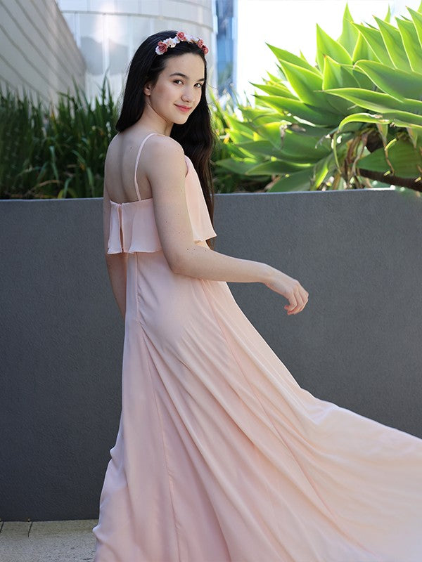 A-Line/Princess Chiffon Ruffles Spaghetti Straps Sleeveless Floor-Length Junior/Girls Bridesmaid Dresses