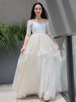 A-Line/Princess Lace Ruffles Off-the-Shoulder 1/2 Sleeves Sweep/Brush Train Junior/Girls Bridesmaid Dresses