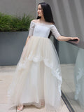 A-Line/Princess Lace Ruffles Off-the-Shoulder 1/2 Sleeves Sweep/Brush Train Junior/Girls Bridesmaid Dresses