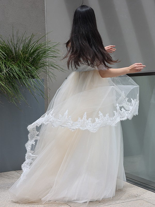 A-Line/Princess Lace Ruffles Off-the-Shoulder 1/2 Sleeves Sweep/Brush Train Junior/Girls Bridesmaid Dresses